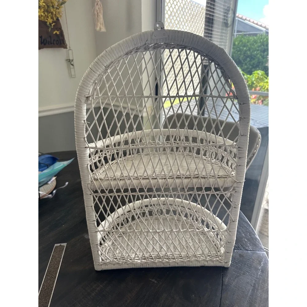 Vintage White Wicker Wall Shelf Arched Rattan 2 Tier Boho Coastal Decor 18in EUC